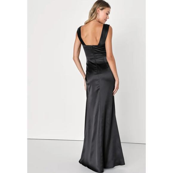 Lulus Stunning Arrival Black Satin Off The Shoulder Maxi Dress - Picture 4 of 12